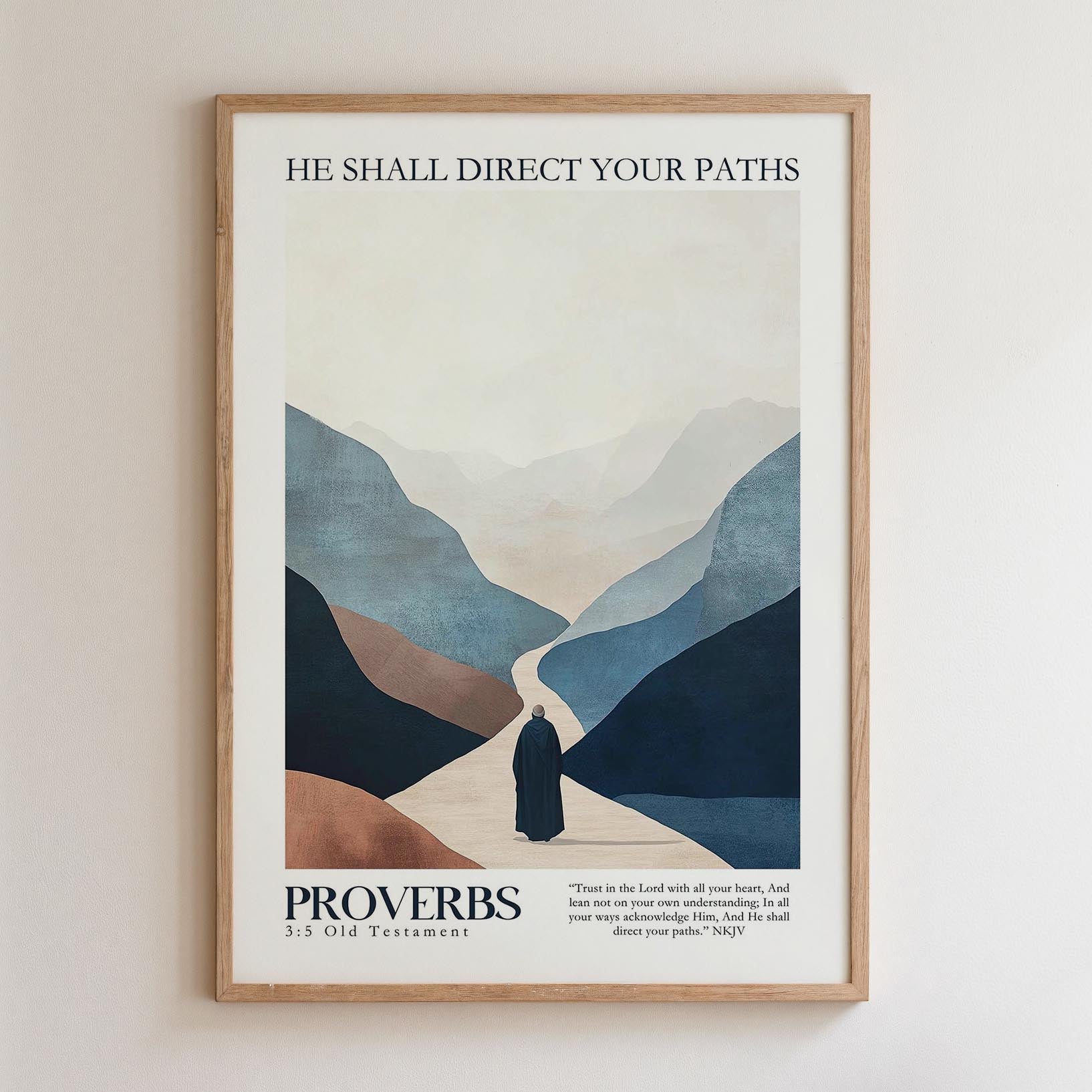 The image is a framed poster featuring a minimalist illustration of a person walking on a path through a mountainous landscape. The text on the poster reads "HE SHALL DIRECT YOUR PATHS" and "PROOBS 3/5 Old Testament" in a simple, clean font.