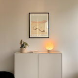 a white cabinet with a potted plant and a lamp on top, and a framed poster of a desert landscape hanging on the wall above the cabinet.
