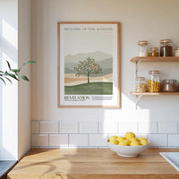 a kitchen scene with a framed poster of a tree on the wall, a wooden counter with a bowl of lemons, and shelves displaying various jars and containers.