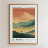 The image is a framed poster with a mountain landscape and a silhouette of a person walking on a path. The poster has a minimalist design with a focus on the mountain and the person walking.