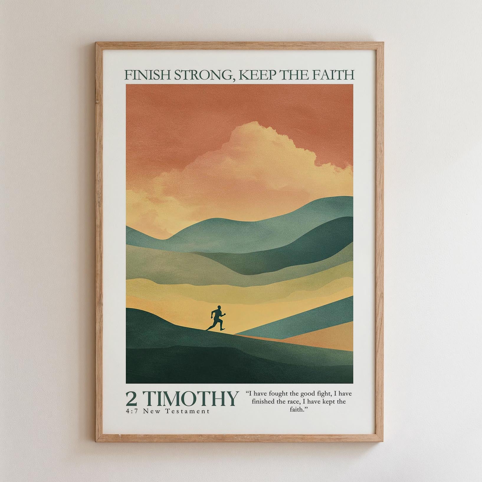 The image is a framed poster with a mountain landscape and a silhouette of a person walking on a path. The poster has a minimalist design with a focus on the mountain and the person walking.