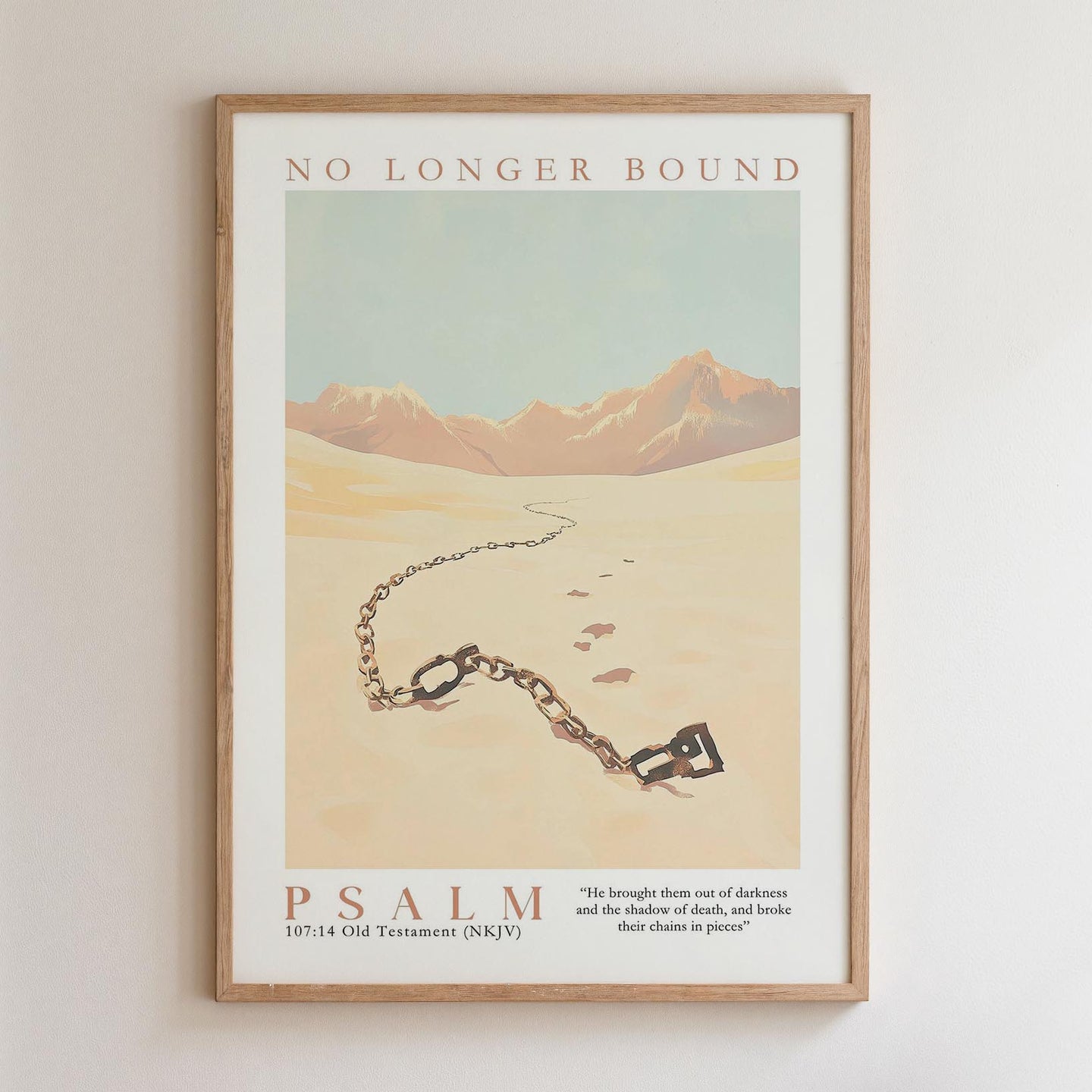 The image is a framed poster with a desert landscape and a chain, depicting a biblical scene from the book of Psalm.