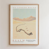 The image is a framed poster with a desert landscape and a chain, depicting a biblical scene from the book of Psalm.