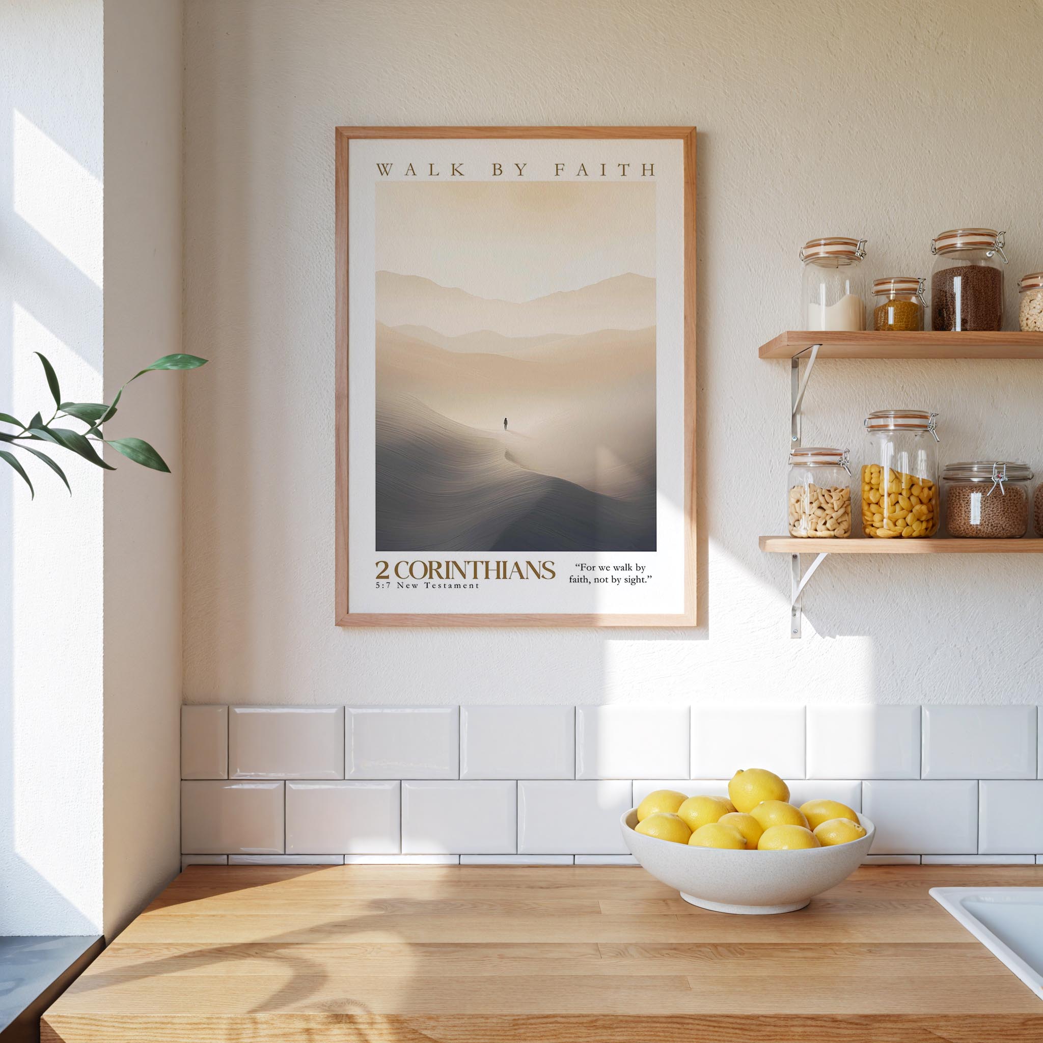 a kitchen counter with a bowl of lemons, a framed poster of a desert landscape, and a shelf with jars and containers.
