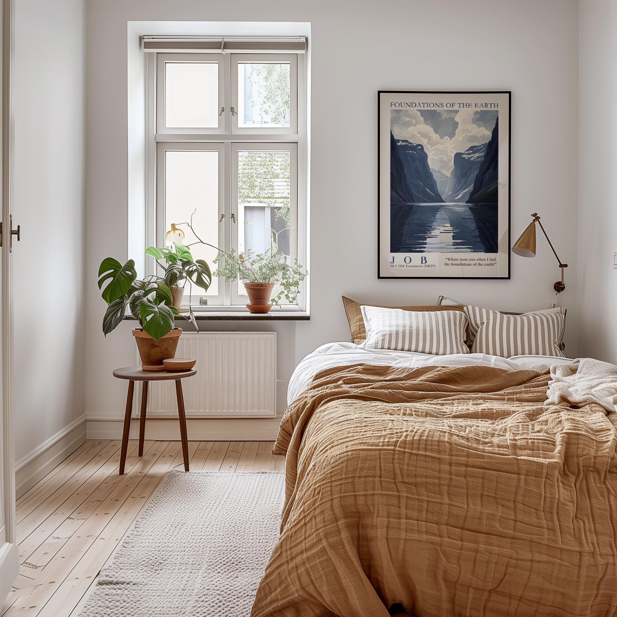 A cozy bedroom with a large bed, a nightstand with a plant, and a framed poster on the wall. The room has a warm, inviting atmosphere with a wooden floor and a window overlooking a scenic view.