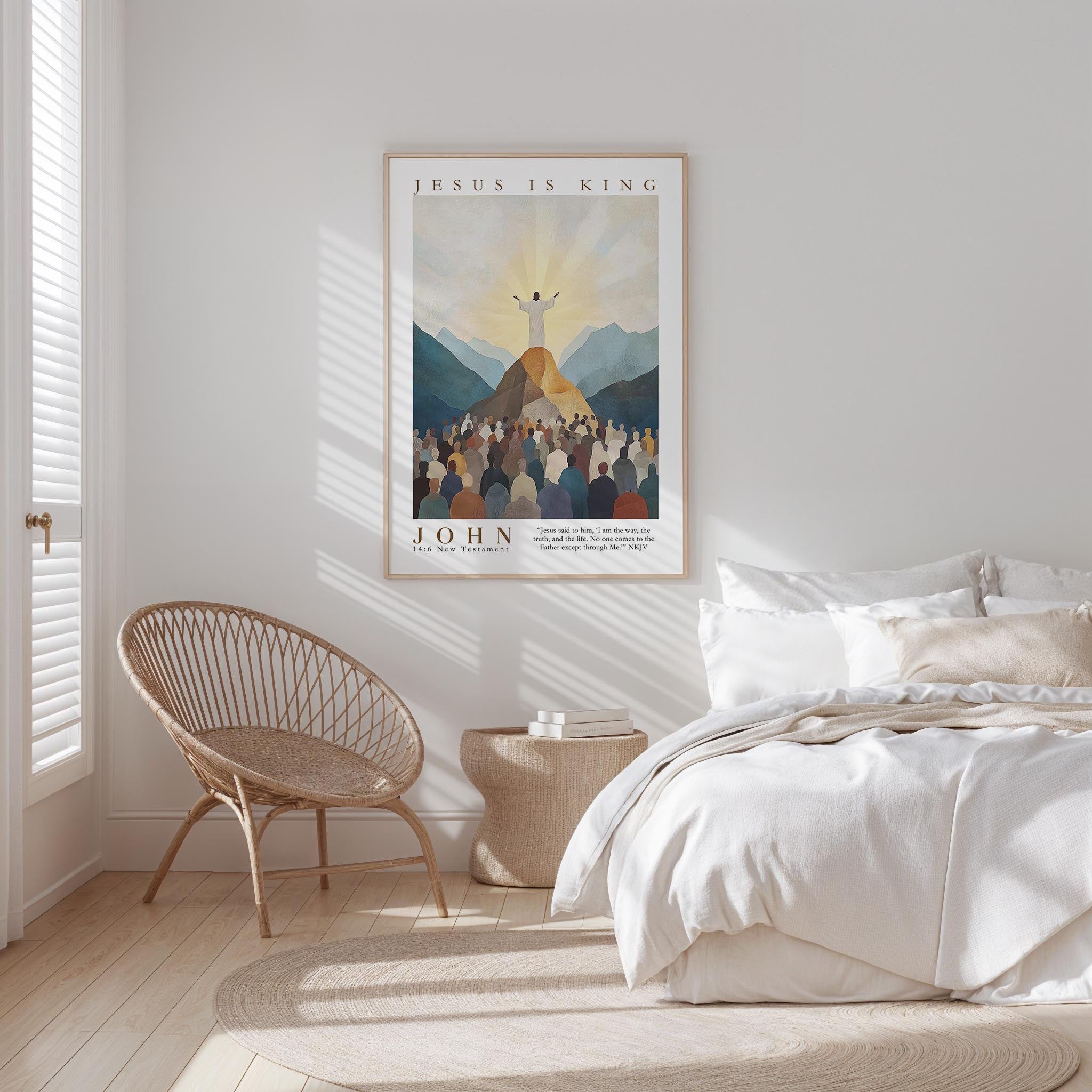 A poster of Jesus Christ on a mountain is displayed on the wall above a bed in a bedroom.