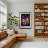 a cozy living room with a brown leather sofa, a large window, a bookshelf filled with books, and a colorful abstract painting hanging on the wall.
